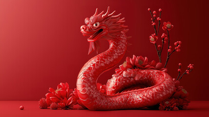 Obraz premium Celebrating Chinese New Year 2025 with snake decorations on a red backdrop