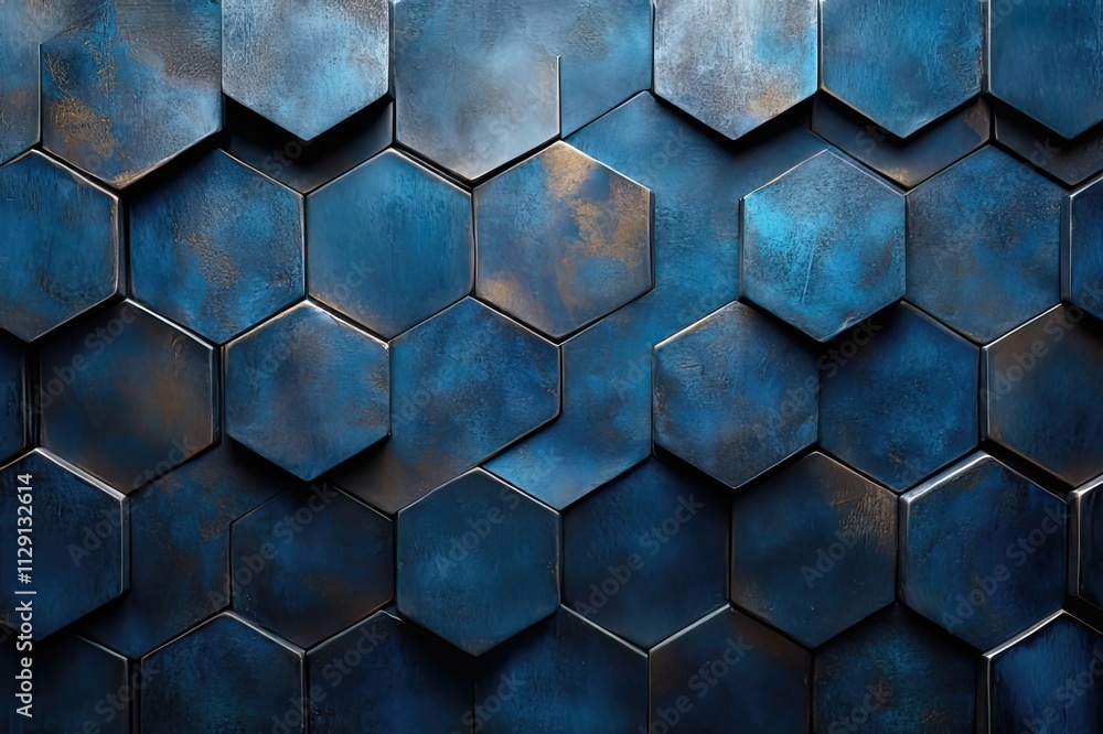 Poster intricate arrangement of blue hexagonal tiles creating a contemporary texture on a wall in a modern 