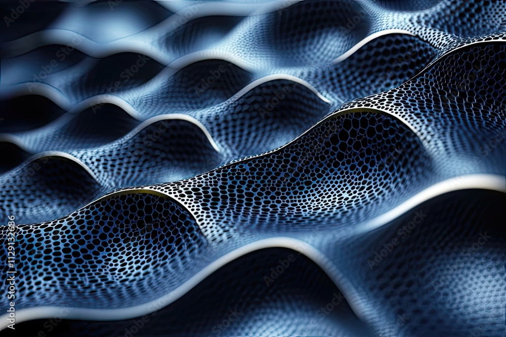 Poster intricate patterns emerge from flowing waves of textured blue material under soft lighting, creating