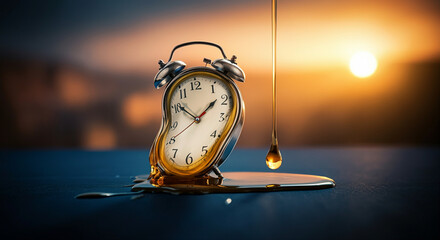 Melting clock concept art showcasing time distortion and surrealism in a captivating sunset...