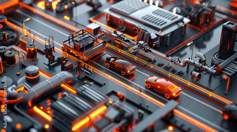 Poster futuristic cityscape with glowing orange lights, featuring intricate machinery and cars navigating t