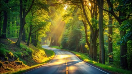 Obraz premium A winding road through a lush forest with sunlight streaming through the trees, creating a breathtaking scene of natural beauty.