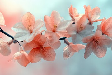 Blossoms unfold gently on a branch, creating a tranquil atmosphere during springtime. Generative AI