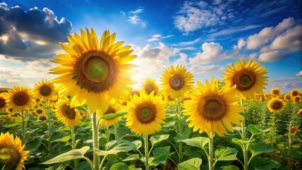 Obraz premium A field of sunflowers basking in the warm glow of the setting sun, their bright yellow petals reaching for the sky, surrounded by fluffy white clouds.