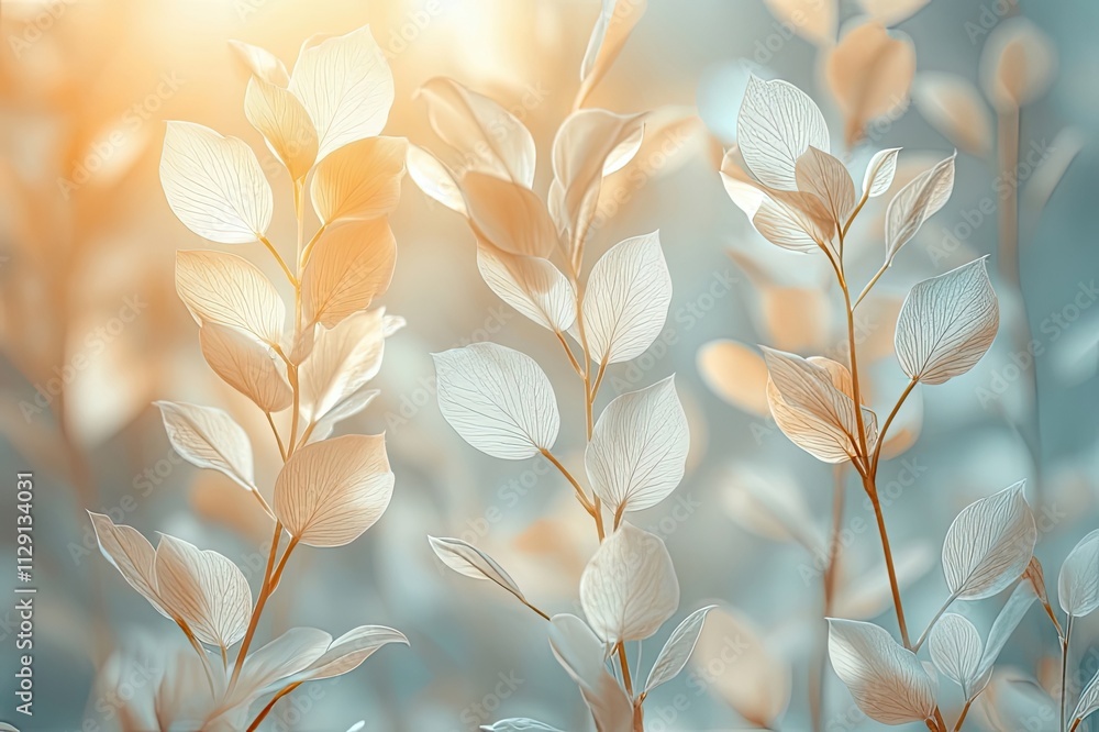 Poster delicate leaves bathed in soft sunlight create a serene atmosphere in a tranquil nature setting. gen