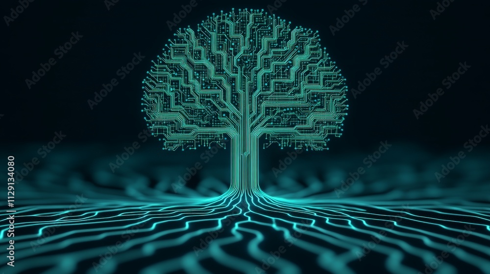 Poster digital tree of growth: a futuristic, abstract tree made entirely of digital circuitry, symbolizing 