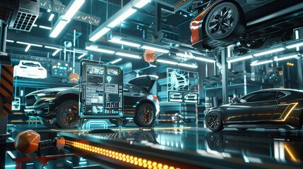 Futuristic car workshop with advanced technology and illuminated displays. scene showcases sleek vehicles and high tech interfaces, creating vibrant automotive environment