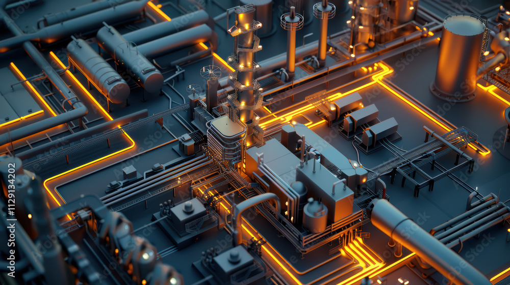 Poster aerial view of modern industrial facility with glowing pipelines and machinery, showcasing advanced 