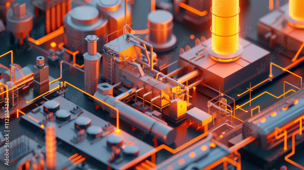 Poster futuristic industrial landscape with glowing orange lines and structures, showcasing complex network