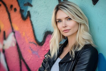 Fototapeta premium Caucasian woman, blonde, leather jacket, graffiti wall, urban background, confident look, medium close-up, bright lighting, vibrant colors, modern, edgy style 4