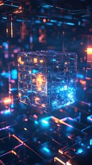 Illuminated Glass Cube in Digital Network Landscape