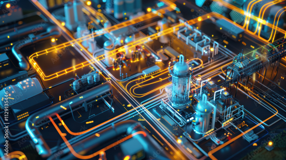 Poster aerial view of futuristic industrial complex with glowing pathways and structures, showcasing advanc