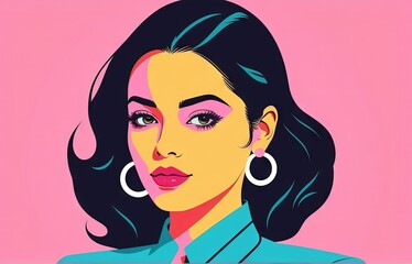 Vibrant female portrait with colorful styling showcasing modern art influences in a pink background
