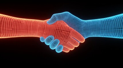 Digital Handshake: A futuristic and symbolic representation of partnership, collaboration, and agreement, depicted through two digital hands joining in a handshake against a vibrant background.