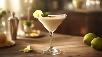 A photo of an almond milk lemon cocktail in a martini glass, garnished with a lemon slice, on a bar counter