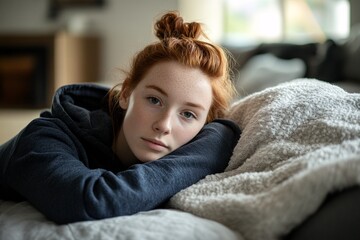 Fototapeta premium A young woman with red hair tied in a ponytail is resting on a soft blanket in a minimalist living room, wearing blue leggings and a black hoodie, bathed in natural light 4