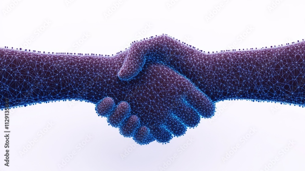 Poster symbiotic partnership: a 3d render of two hands clasped in a handshake, each hand composed of countl