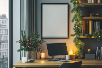 A New Year's home office with an empty photo frame. billboard. background. for advertising. for business.