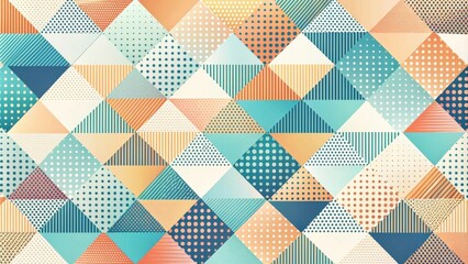 Abstract Geometric Pattern with Teal, Peach, and Beige Tones, Featuring Polka Dots, Stripes, and Geometric Shapes
