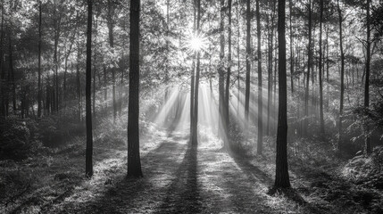 Naklejka premium A serene black-and-white forest scene with sun rays filtering through tall trees.