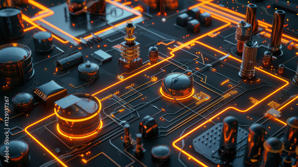 Poster close up view of futuristic circuit board with glowing orange lines and components, showcasing intri