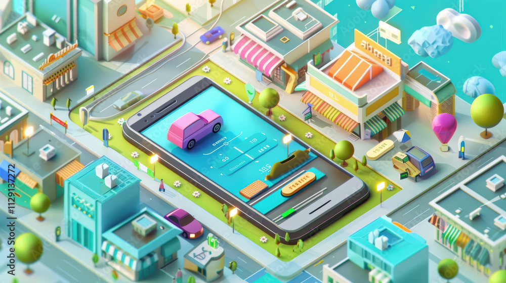 Poster vibrant 3d illustration of smartphone displaying car simulation game in colorful urban setting. scen