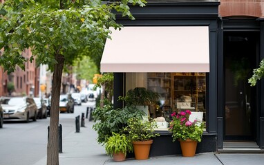 Naklejka premium Charming storefront with pink awning, plants, and city street view.