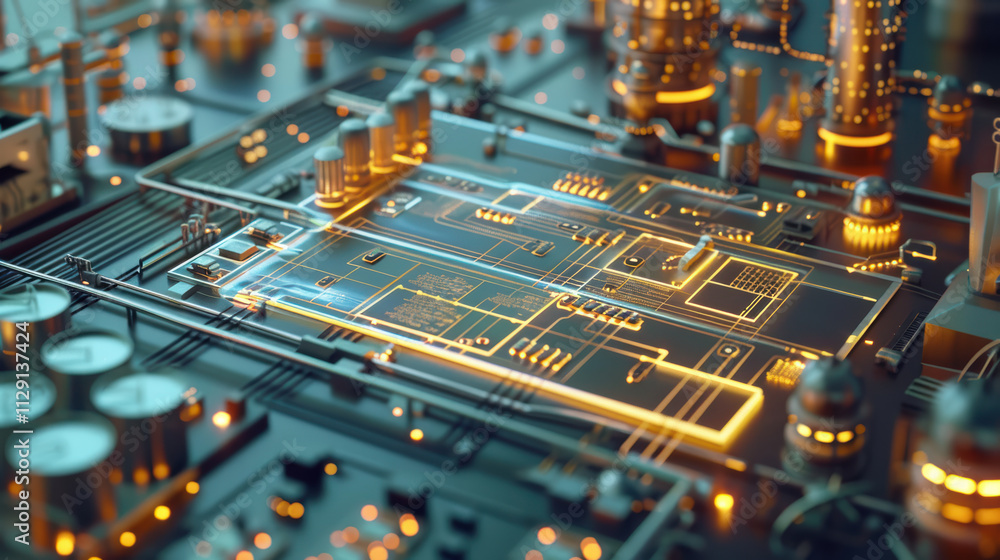Poster close up view of futuristic circuit board with glowing elements, showcasing intricate details and te