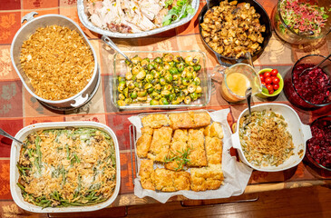 Thanksgiving Holiday Fixings laid out ready for the feast. Homemade comfort food concept.