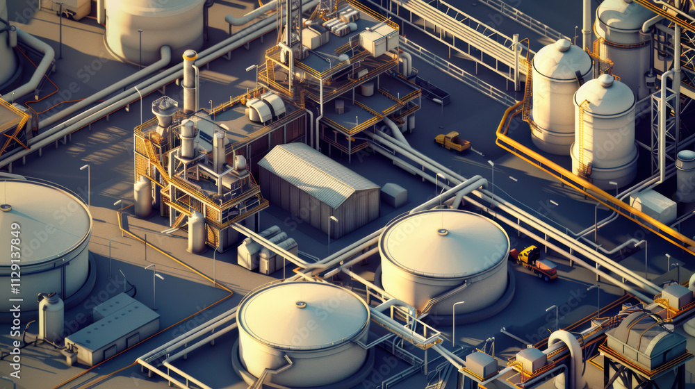 Poster aerial view of industrial facility with storage tanks and pipelines, showcasing complex network of m