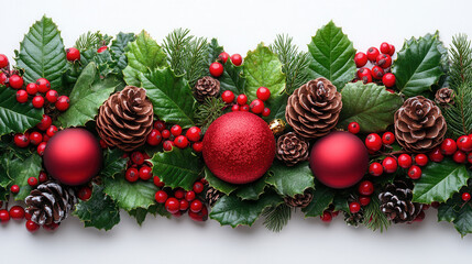 Festive flat lay of Christmas ornaments, pine cones, and greenery, creating joyful holiday atmosphere with red baubles and vibrant foliage