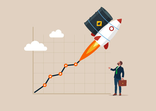 Rocket with crude oil barrel flying high up into the sky. Price skyrocket reaching record. Modern flat style vector illustration