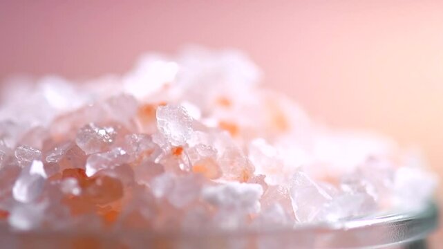 Himalayan salt, pink Himalayan salt crystals close up. Pink coarse salt crystals macro shot, rotating over pink background, slow motion video 