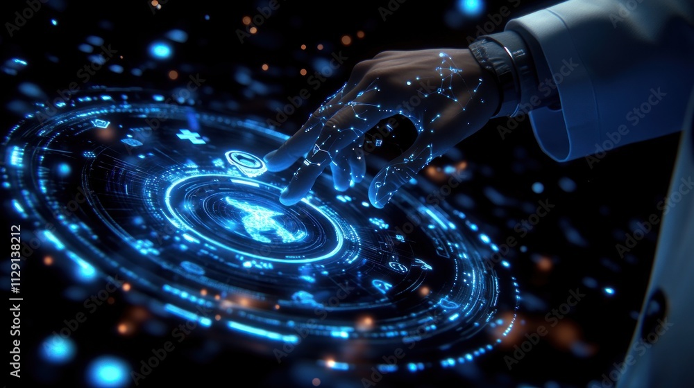Aufkleber a futuristic hand interacting with a glowing holographic interface displaying data.