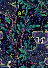 An australian dots seamless pattern filled with koalas in tree branches, using the traditional dot painting technique with purple, black, green, and blue colors