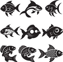 Vector set of fish icons isolated on white background. Collection of food illustration symbols.