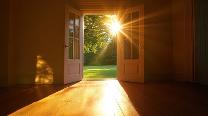 Inviting Sunlight through Open Doors Revealing a Lush Green Landscape