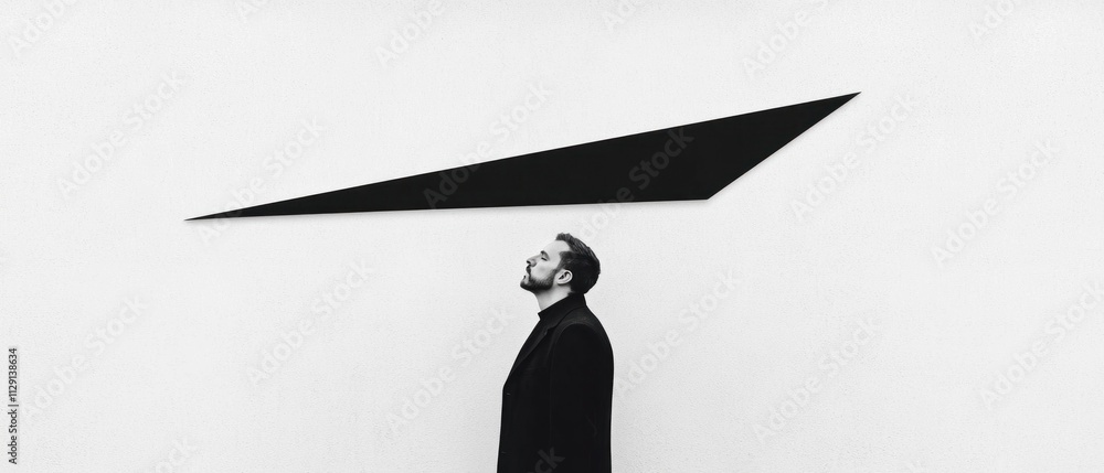 Poster man in black jacket contemplates abstract art installation modern gallery photography minimalist env