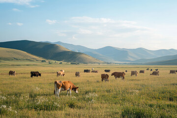 Obraz premium A serene landscape with cows grazing in a lush field against rolling hills.