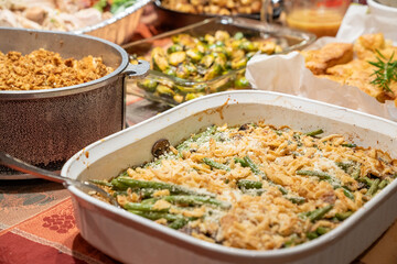 Thanksgiving Holiday Fixings laid out ready for the feast. Homemade comfort food concept.