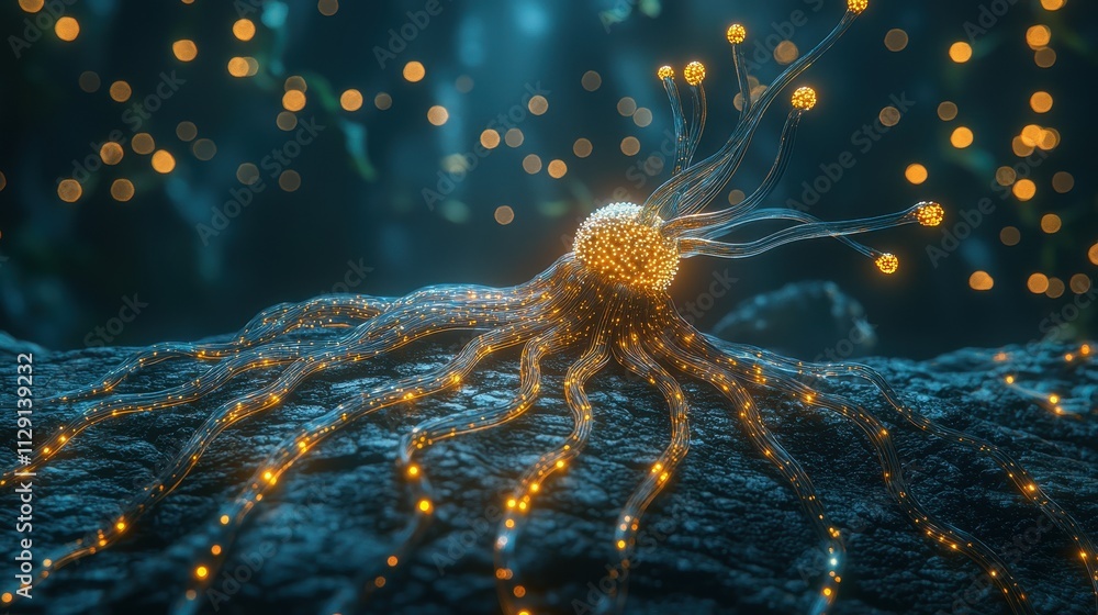 Poster bioluminescent creature with glowing tentacles in enchanted forest setting