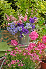 Still life of summery flowers in a metal container on a bench in a garden setting 