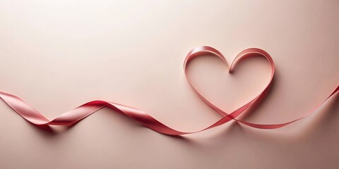 A soft pink satin ribbon forms a delicate heart shape on a blush-colored background, creating a simple and elegant design that symbolizes love and romance.
