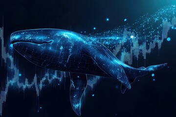 Blue Whale breaching over a cryptovalue chart rising up euphoria of bitcoin