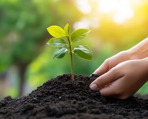 Hands planting a young seedling in rich soil.