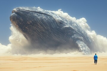 The head of a blue whale drills into the cloud surrounded by thunderstorms with sand swirling around it, creating a surreal atmosphere. In the foreground, a person stands observing the spectacle.