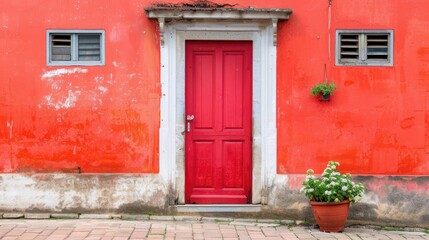 Vibrant Red Door in a Colorful Urban Setting