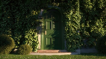 Obraz premium Enchanting Green Door Surrounded by Lush Foliage in a Tranquil Garden