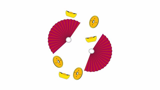 Chinese New Year symbols of prosperity 2D objects animation. Sycee yuanbao, feng shui coin, asian fans cartoon 4K video, alpha channel. Fengshui good luck animated flat items on white background