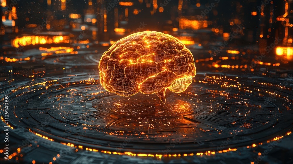 Poster futuristic glowing brain with digital circuitry in cyberpunk environment